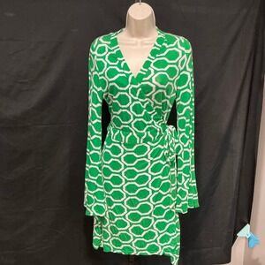 Macbeth Collection Wrap Dress L Green White Geometric Bell Sleeve M52203
